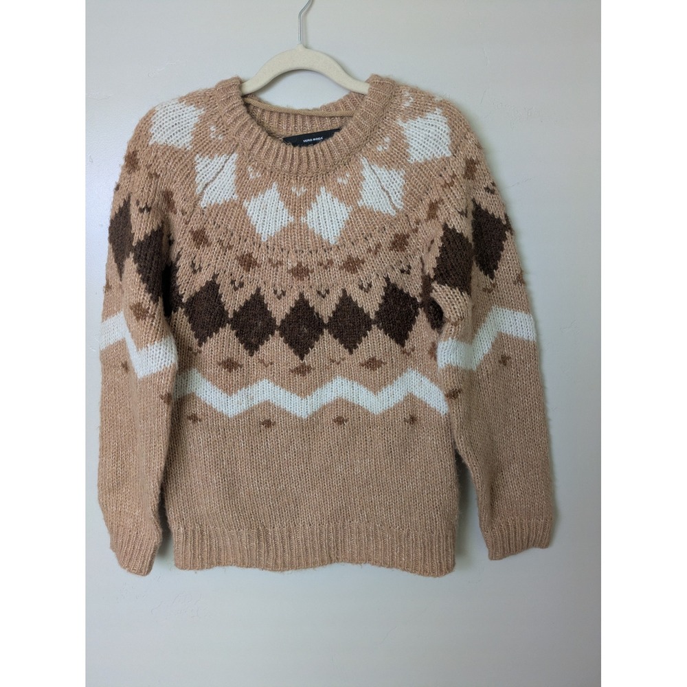 VERO MODA Fair Isle Geometric Pattern Knit Sweater Women Size XS Camel Brown